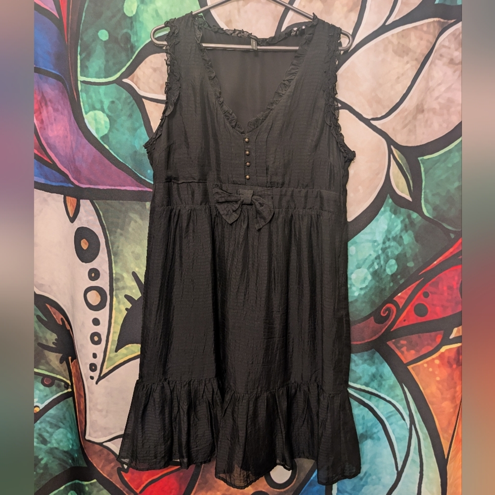 NAF NAF Paris Black Silk Tiered Ruffle Knee-Length Midi Dress, Vintage Y2K